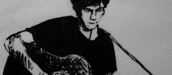 Animated ink drawing of a musician playing acoustic guitar