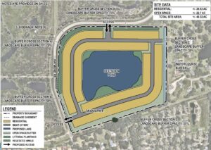 Map illustrating DR Horton's plan to rezone the area around the detention pond for residential use.