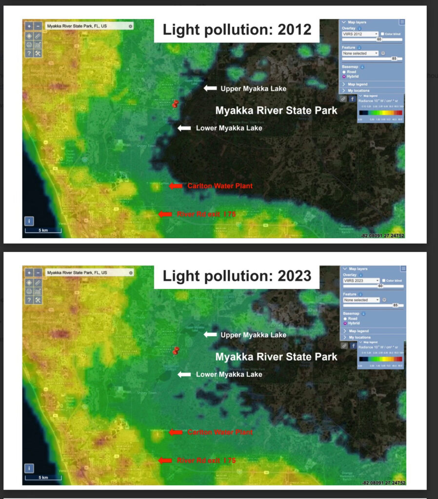 Map illustrating light pollution at the Myakka River State Park in in 2012 compared to 2023, demonstrating a marked increase over time.