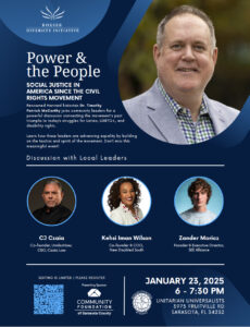 Flyer for Power & the People. Subhead: "Social Justice in America since the civil rights movement." Description: "Renowned Harvard historian Dr. Timothy Patrick McCarthy joins community leaders for a powerful discussion connecting the movement's past triumphs to today's struggles for Latino, LGBTQ+, and disability rights. Learn how these leaders are advancing equality by building on the tactics and spirit of the movement. Don't miss this meaningful event!" Flyer includes pictures and names of participants as well as time and location information.