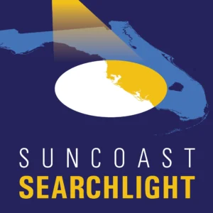 Blue and yellow graphic of a searchlight shining from above on the west coast of the state of Florida with the text "Suncoast Searchlight."