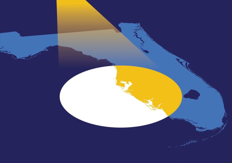 Blue and yellow graphic of a searchlight shining from above on the west coast of the state of Florida.