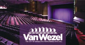 Van Wezel logo overlayed on a promo photo of the auditorium.