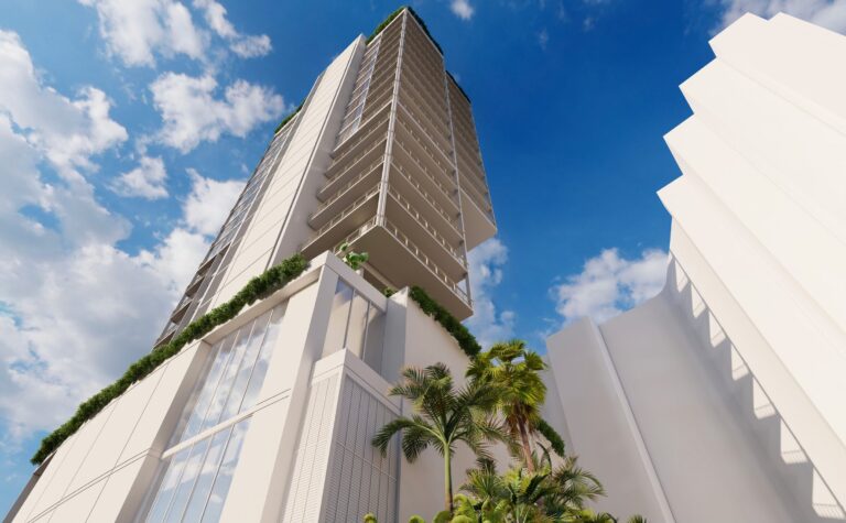 Photorealistic mockup of a dramatic low angle of a remarkably tall luxury condo building.