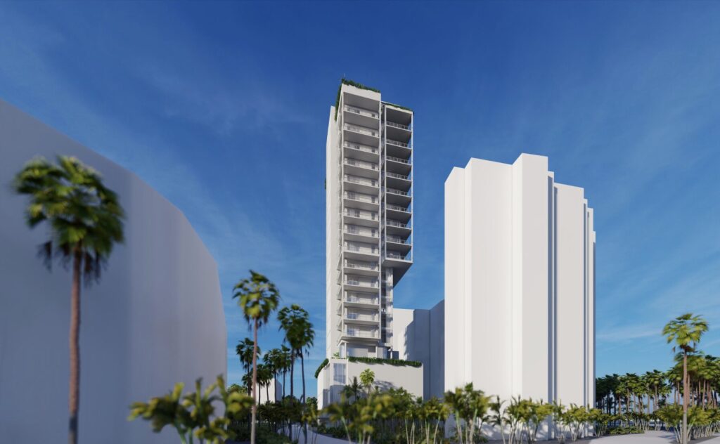 Photo clearly showing the rejected tower next to the Bay Plaza which appears to be no more than four fifths the height of the rejected tower.