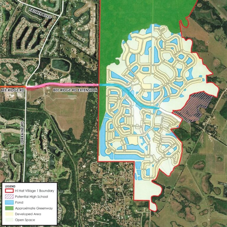 Cropped map showing the proposed Hi Hat Village development and Bee Ridge Rd extension.