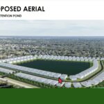 Text: "Angled Proposed Aerial"; "Proposed 126 homes w/ retention pond".