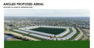 Text: "Angled Proposed Aerial"; "Proposed 126 homes w/ retention pond".