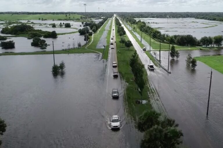 Aerial shot of flooding on and around roads in the Celery Fields area.