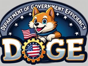 Logo for the Department of Government Efficiency (DOGE). The text "Department of Government Efficiency" stretches across a banner at the top with bold letters that read "DOGE" at the bottom. A cheerful cartoon dog character with an American flag peeks out from behind the word "DOGE."