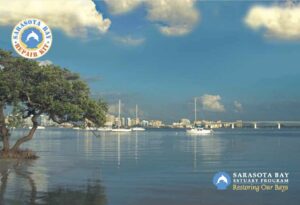 Photo of Sarasota Bay. In the top-left is the Sarasota Bay Repair Kit emblem. In the bottom right is text that reads "Sarasota Bay Estuary Program" and "Restoring Our Bays."