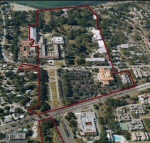 Aerial view of FSU's vast campus with a line drawn in red to show the border.