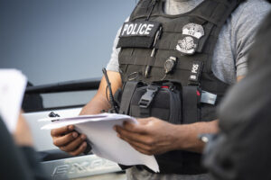 ICE officer reviewing papers.