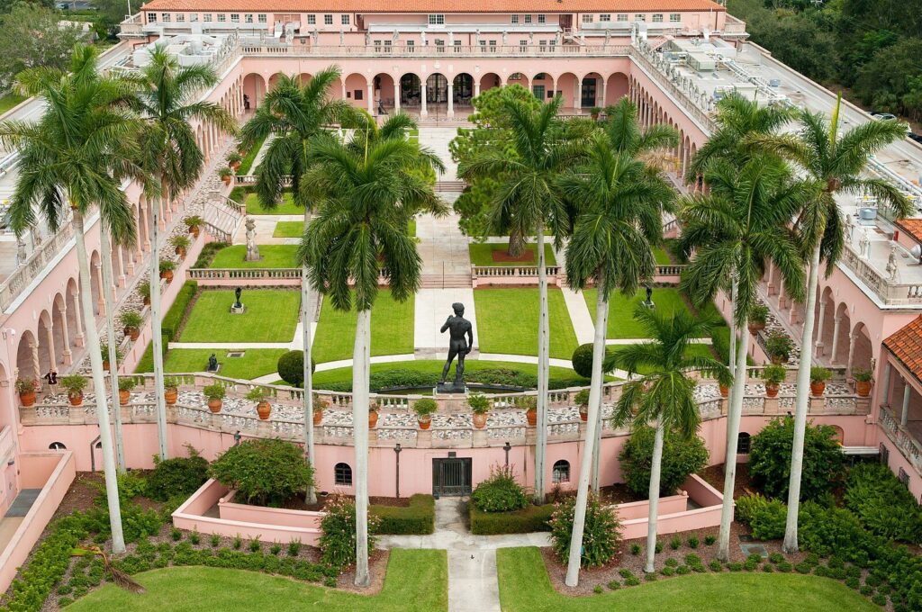 Aerial view of the Ringling Museum of Art. A cast of Michelangelo's David is visible at one end of the courtyard.