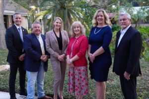 From left to right: Superintendent Terry Connor, Sarasota County School Board chair Tim Enos, board member Bridget Ziegler, vice chair Robyn Marinelli, and members Liz Barker, and Tom Edwards.