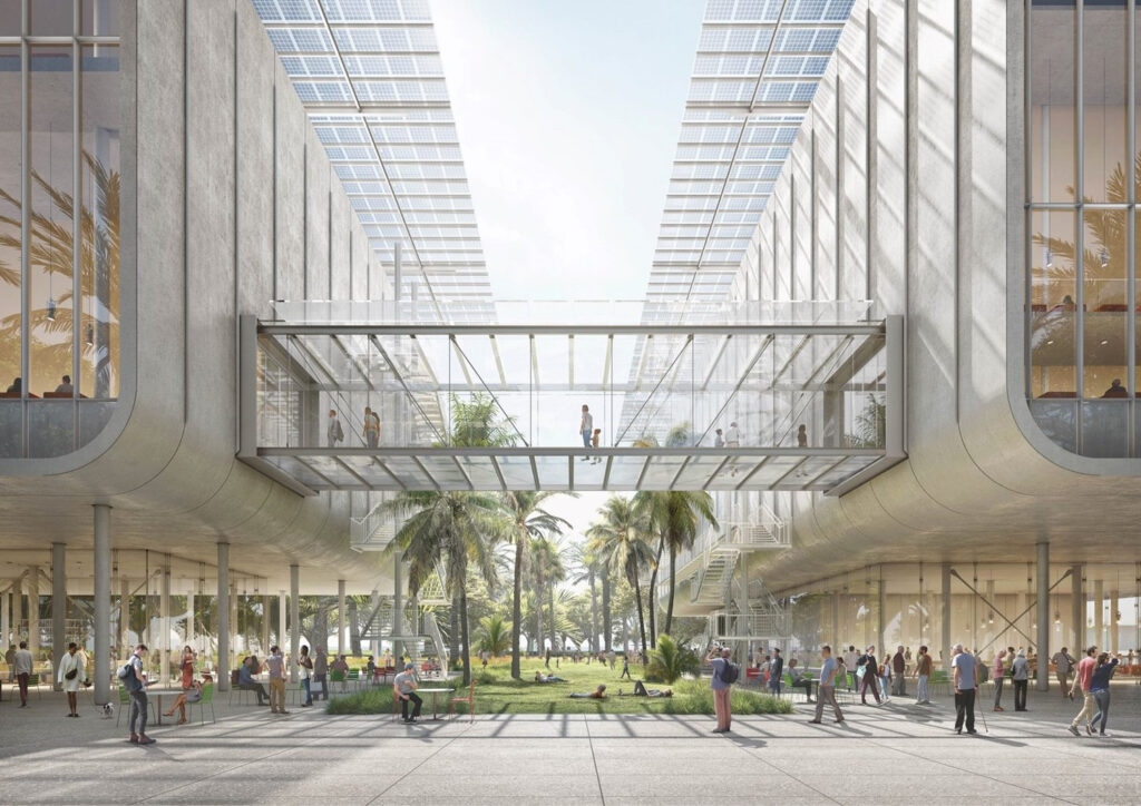 Lifelike rendering of a raised walkway between proposed Sarasota Performing Arts Center buildings.