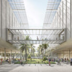 Lifelike rendering of a raised walkway between proposed Sarasota Performing Arts Center buildings.