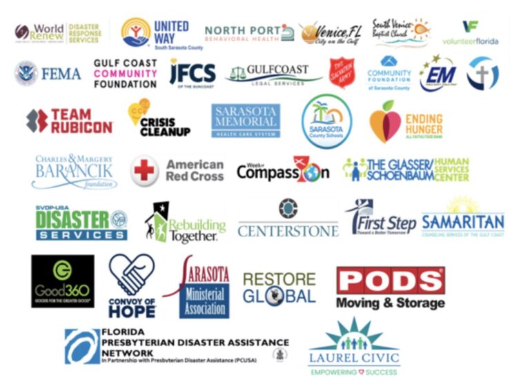 Collage of 35 company and organization logos including United Way of South Sarasota County, FEMA, The Salvation Army, Sarasota Memorial Health Care System, and Sarasota County Schools.