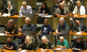 A 3x5 array of photos of residents speaking at a public meeting.