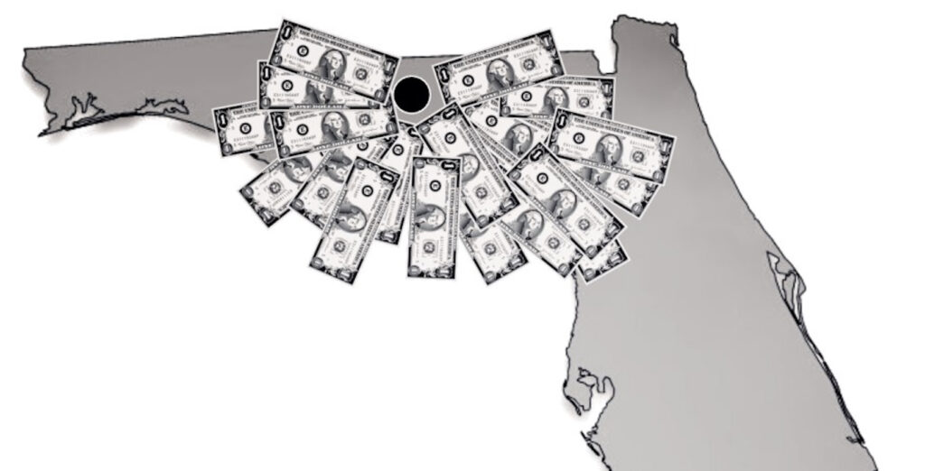 A graphic of the state of Florida with many dollar bills converging upon a single point.