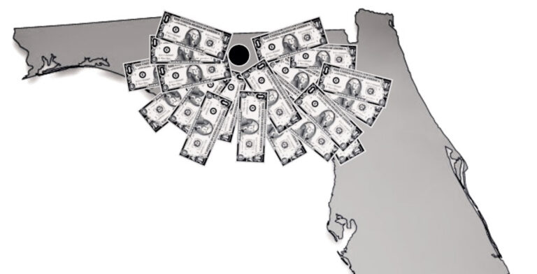 A graphic of the state of Florida with many dollar bills converging upon a single point.