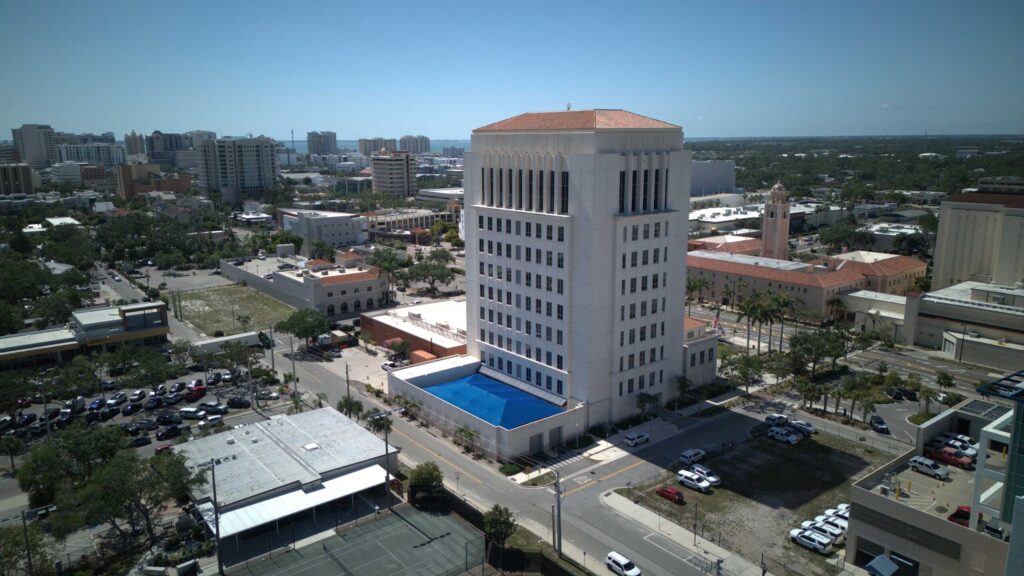 Cityscape photo centering the Sarasota County Justice Center.
