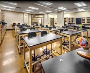 A large classroom with a model brain on the front desk and letters that say "anatomy" in the back window.