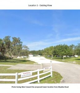 Photo a stretch of of Myakka Road. Top text: Location 1 - Existing View Bottom text: Photo facing West toward the proposed tower location from Myakka Road