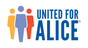 "United for ALICE" logo featuring the organization's name and a simple graphic of three figures.