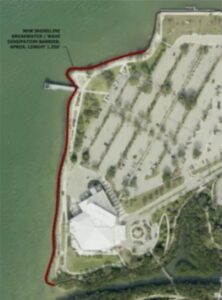 Aerial photo of the Van Wezel with a labelled red line indicating the new shoreline breakwater/dissipation barrier, approximately 1,350 feet long.