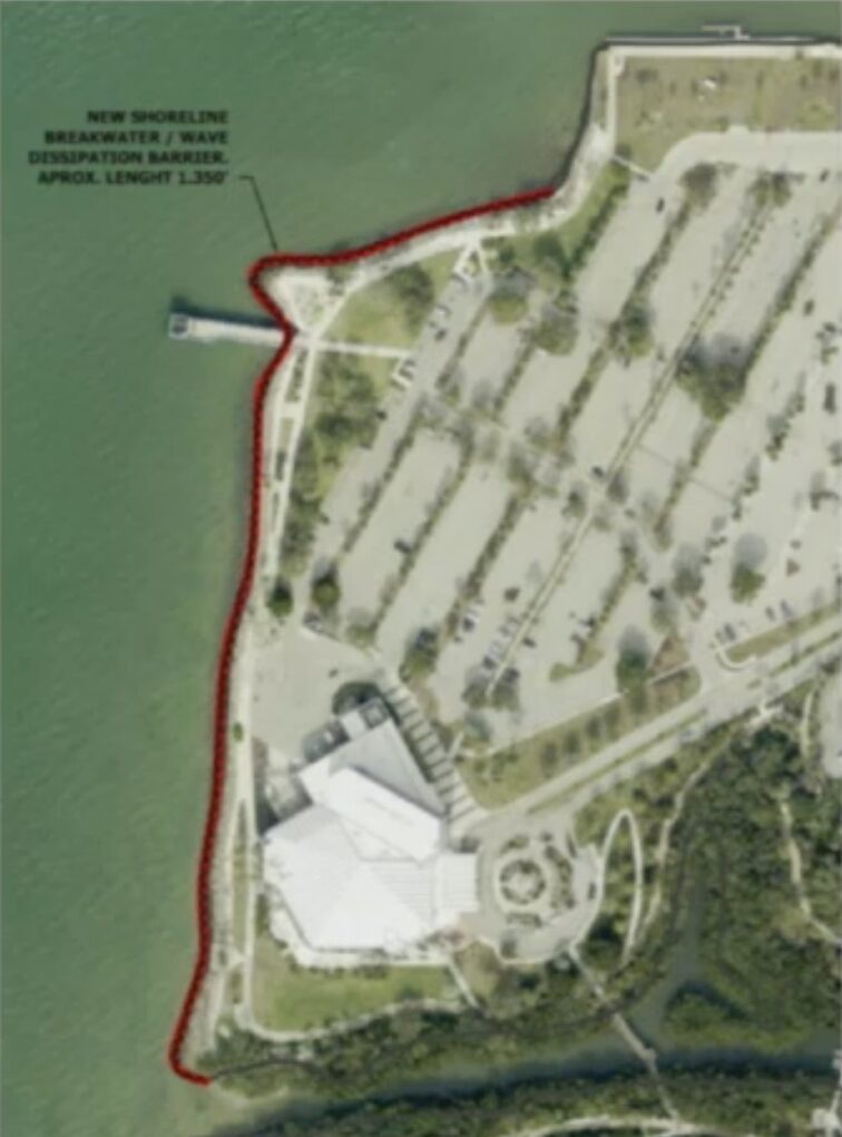 Aerial photo of the Van Wezel with a labelled red line indicating the new shoreline breakwater/dissipation barrier, approximately 1,350 feet long.
