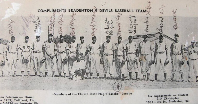 Printed black and white photo with handwritten annotations of the roster of the Bradenton Nine Devils.