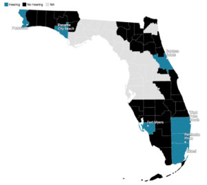 Map of Florida showing locations where there are hearings and locations where there are not.