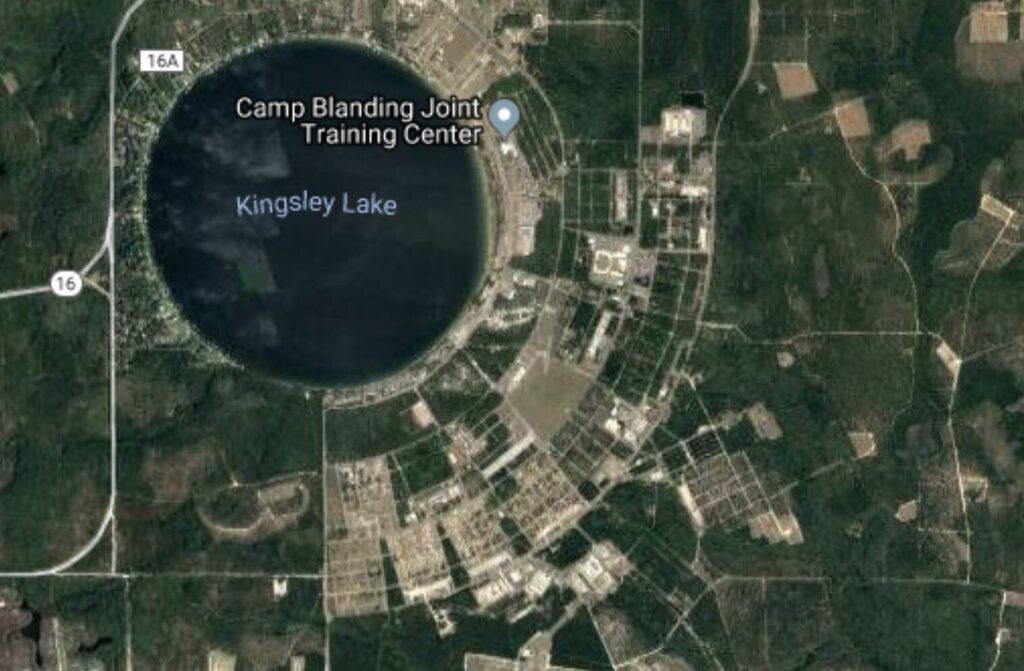 Map showing the location of the Camp Blanding Joint Training Center and the adjacent Kingsley Lake.