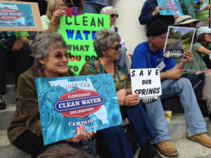 Demonstrators hold signs featuring messages in support of clean water such as "Join the Floridians' Clean Water Declaration Campaign" and "Save Our Springs" while seated on steps outdoors.