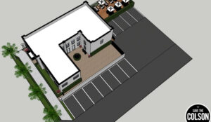A simple rendering from above of a two-story U-shaped building. A logo in the bottom-right reads "Save the Colson."