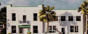 Lifelike rendering of the front of a two-story building.