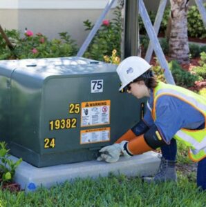 A worker with a hi-vis vest and hard hat working outdoors on a pad-mounted transformer.