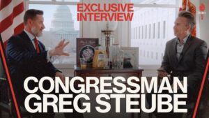 Image with text promoting an "exclusive interview" with Congressman Greg Steube over a photo of Steube and Brian Gibbs speaking to one another.