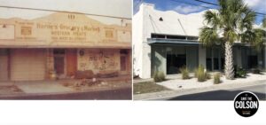 Side-by-side photos comparing the dilapidated Horne's Grocery & Market building with the restored contemporary building it became. A logo in the bottom-right reads "Save the Colson."