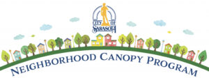 Logo for the City of Sarasota's Neighborhood Canopy Program featuring a simple illustration of houses and trees.