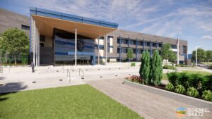 Lifelike rendering of a modern building with a North Port Police sign above the front entrance.