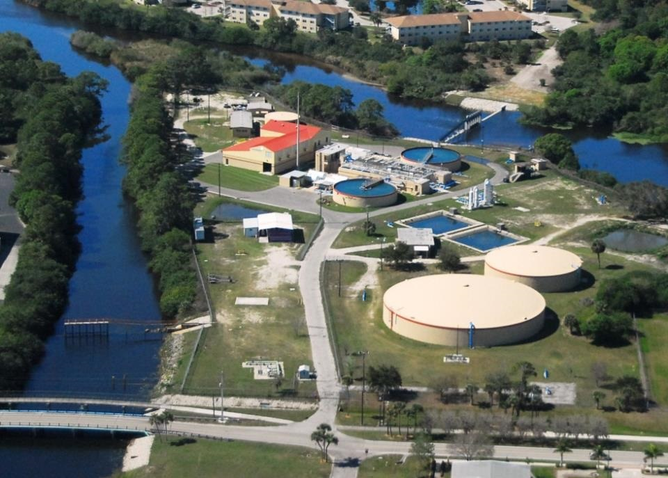 Aerial photo of a wastewater treatment facility.