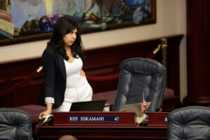 Photo of Anna Eskamani behind a podium with her name, looking intently off-frame with one hand on her hip.
