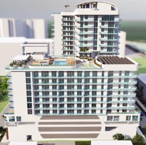 3D rendering of a condo complex with two differently-sized towers.