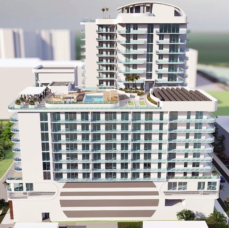 3D rendering of a condo complex with two differently-sized towers.