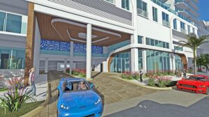 3D rendering of an entrance to a modern building.