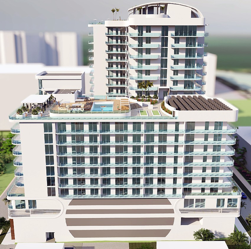 3D rendering of a condo complex with two differently-sized towers.