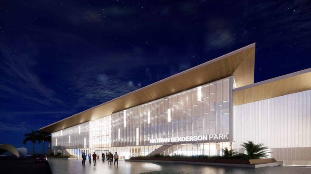 Lifelike rendering of a large modern building lit up at night. A sign on the side reads "Nathan Benderson Park."