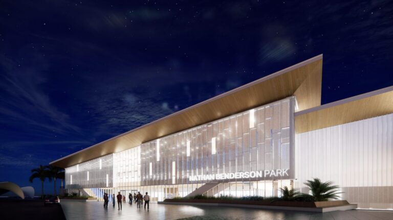 Lifelike rendering of a large modern building lit up at night. A sign on the side reads "Nathan Benderson Park."
